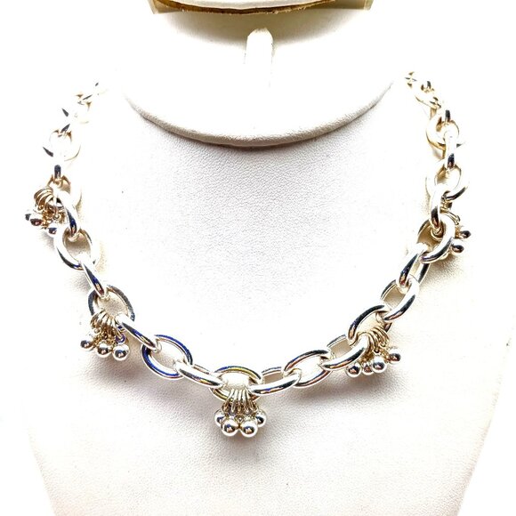 Chunky Vintage Chain Necklace with ChaCha Bead Dangles, Chic Silver Tone Cable - Picture 1 of 3